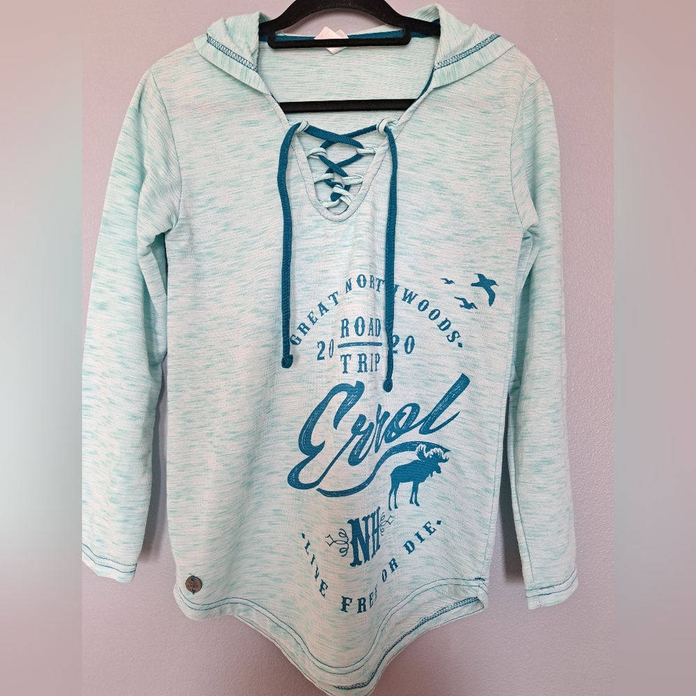 Salt Creek turquoise hoodie with darker accent string up front.